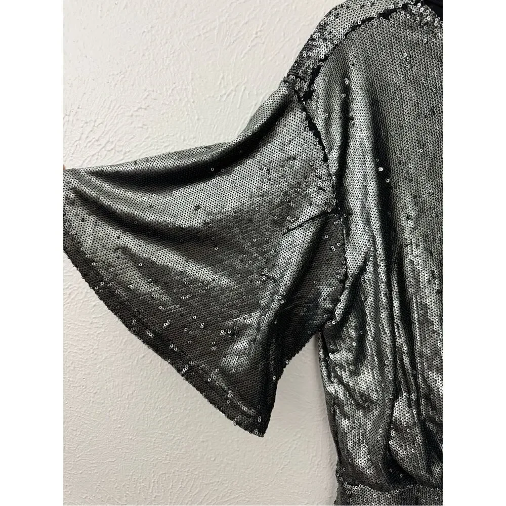 Free People Sequin Mini Dress Size Medium Silver Black Batwing Flawed AS-IS
